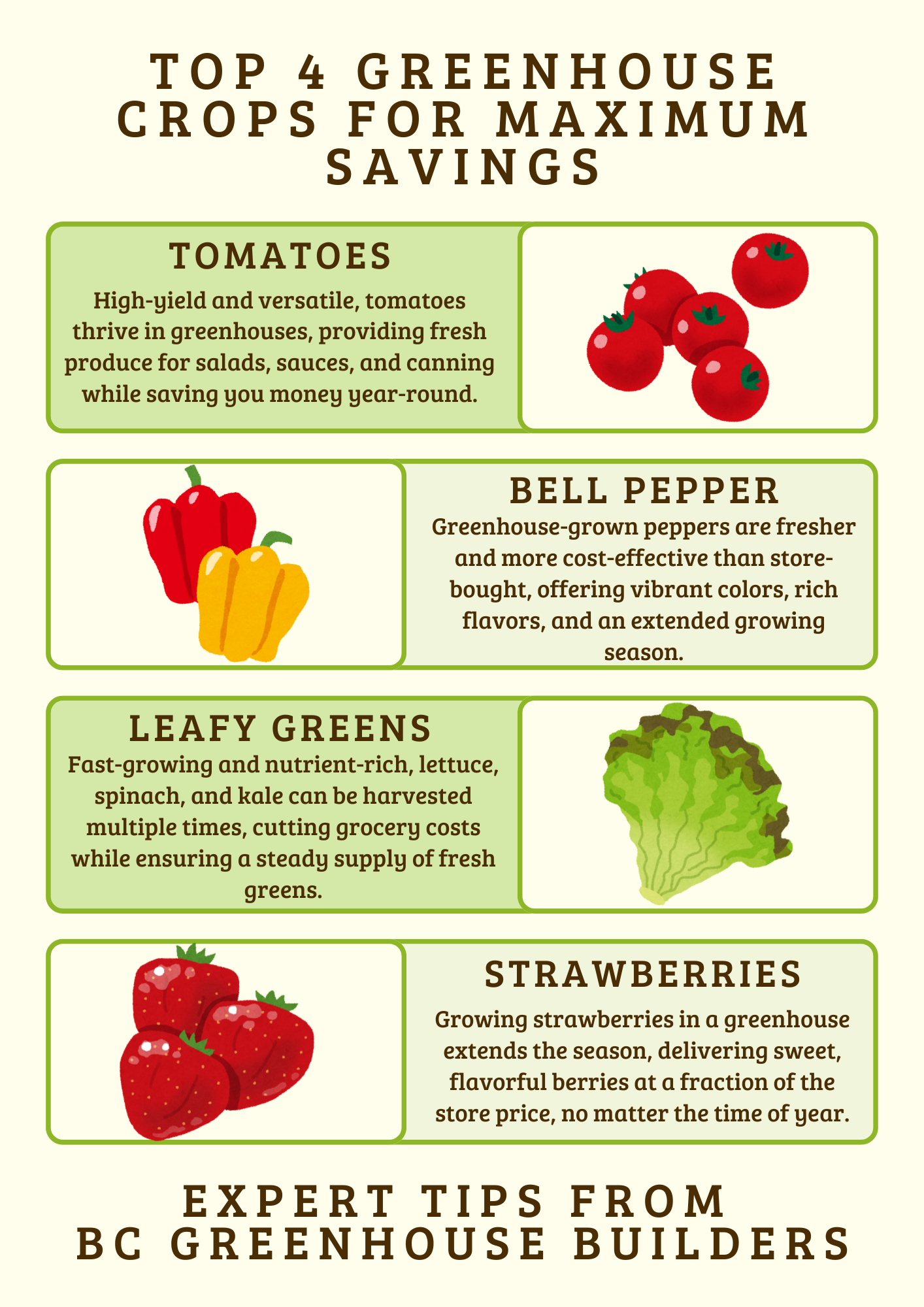 Top 4 Greenhouse Crops For Maximum Savings omatoes 🍅 – High-yield and versatile, tomatoes thrive in greenhouses, providing fresh produce for salads, sauces, and canning while saving you money year-round.  Bell Peppers 🫑 – Greenhouse-grown peppers are fresher and more cost-effective than store-bought, offering vibrant colors, rich flavors, and an extended growing season.  Leafy Greens 🥬 – Fast-growing and nutrient-rich, lettuce, spinach, and kale can be harvested multiple times, cutting grocery costs while ensuring a steady supply of fresh greens.  Strawberries 🍓 – Growing strawberries in a greenhouse extends the season, delivering sweet, flavorful berries at a fraction of the store price, no matter the time of year.