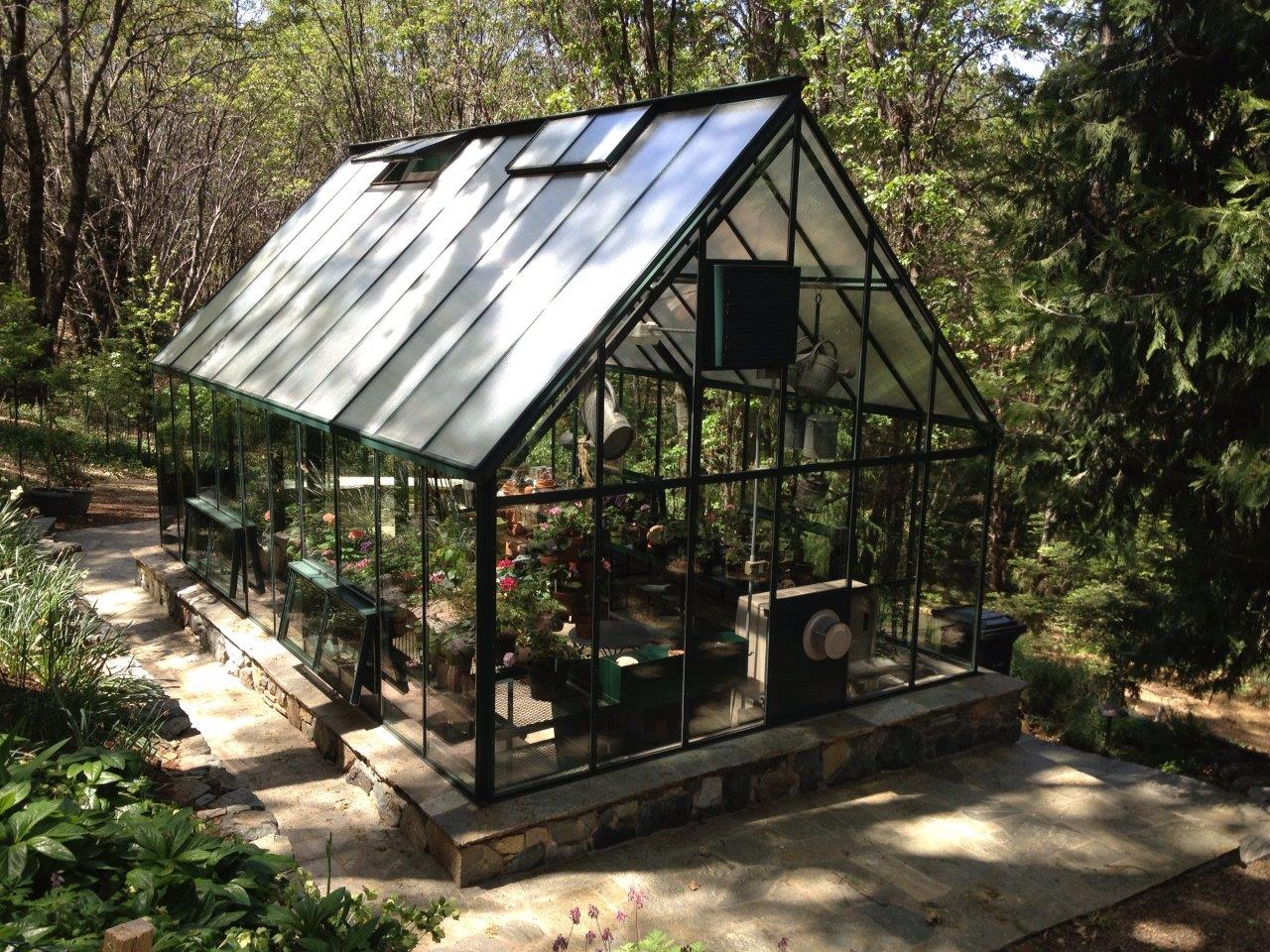 Black Cape Cod style greenhouse with roof vent open
