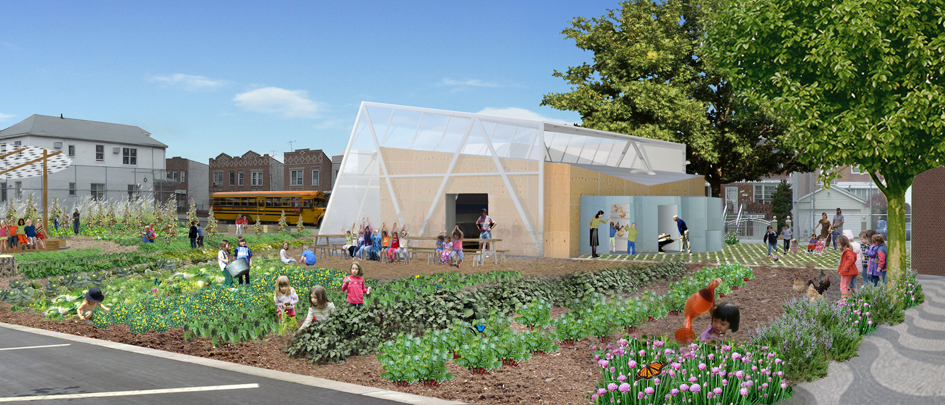 Rendering of the greenhouse for The Edible Schoolyard in New York